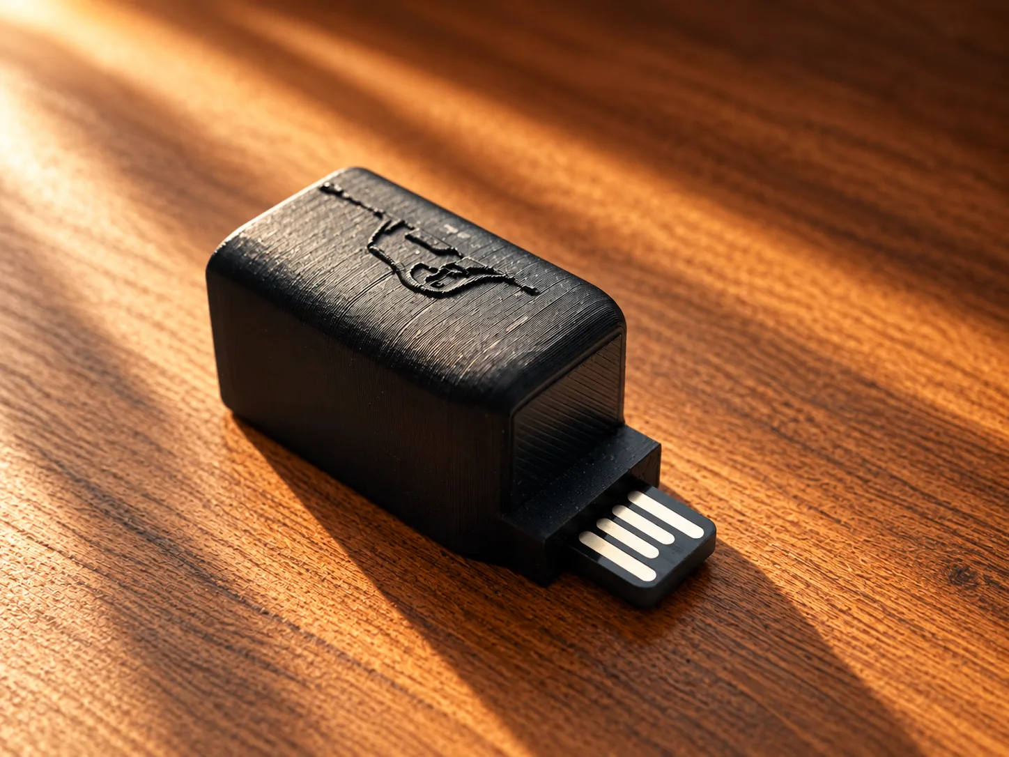 USB-ЦАП «Слон» в чёрном корпусе с рисунком слона на крышке, вид вполоборота, USB-штекер справа