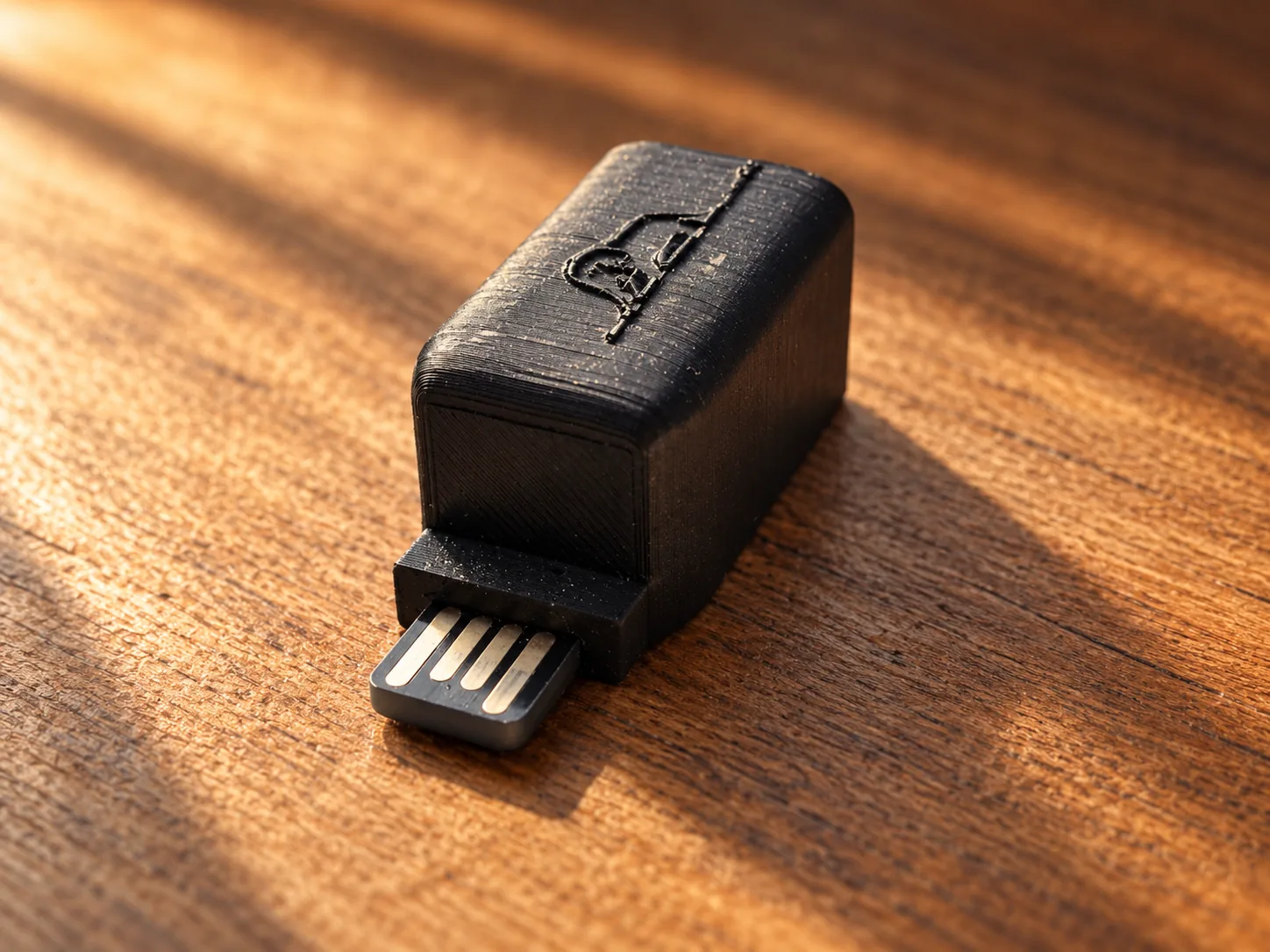 USB-ЦАП «Слон» со стороны USB-штекера, вид сверху, рисунок слона на крышке