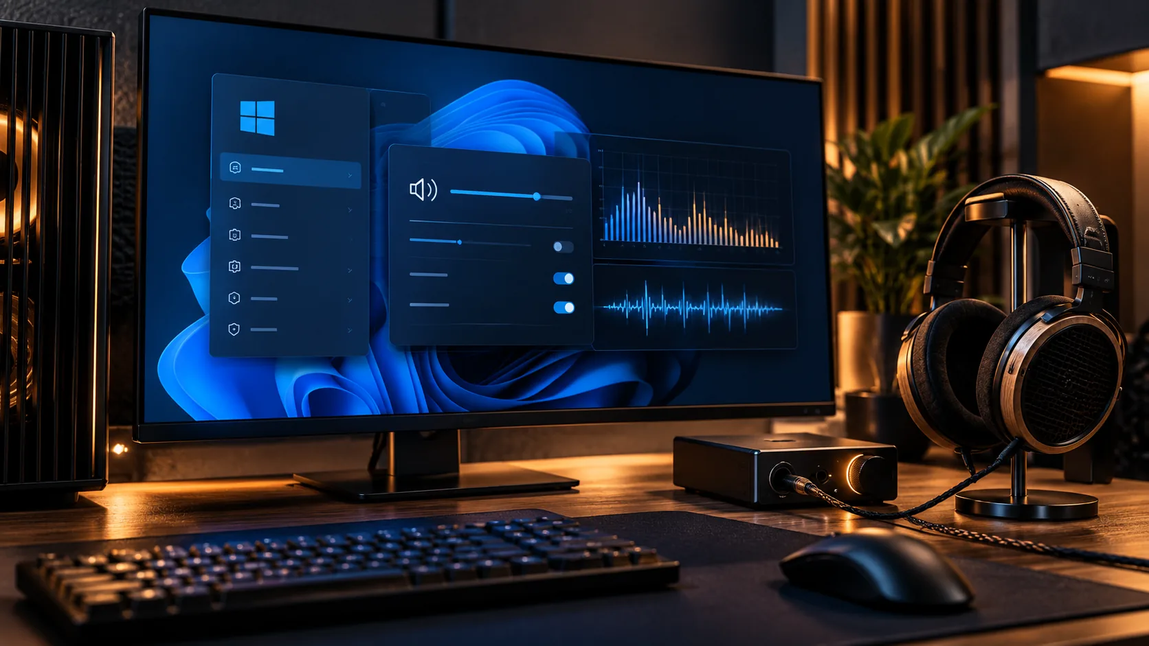 Рабочее место для прослушивания: монитор с настройками звука Windows, полноразмерные наушники на подставке и настольный ЦАП