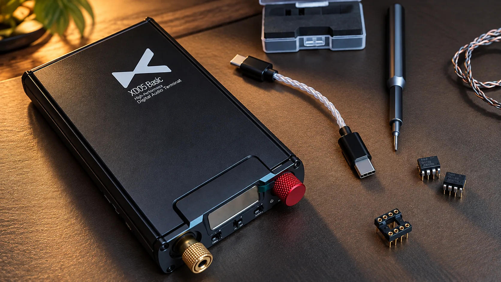 xDuoo XD-05 Basic после мода 4ernov рядом с кабелем USB-C, отвёрткой и операционными усилителями на замену